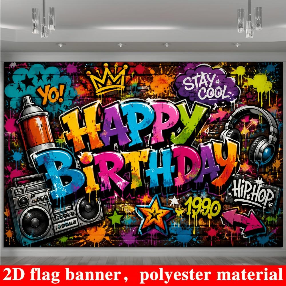 90s Hip Hop Birthday Backdrop Banner, Graffiti Boombox Headphones Crown Color Splash Photo Background, Polyester Wall Decor
