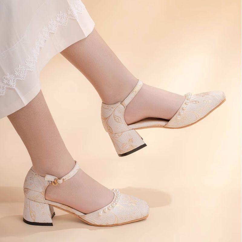 Republic of China style with cheongsam heightening sandals 2025 summer dark pattern retro celebrity style Hanfu Mary Jane high heels women
