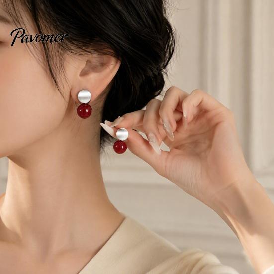 Elegant Jewelry for Women 1 Pair Red Bead Round Stud Earrings, Minimalist Light Luxury Birthday Gifts Her Earrings Women, Polished Silver Disc