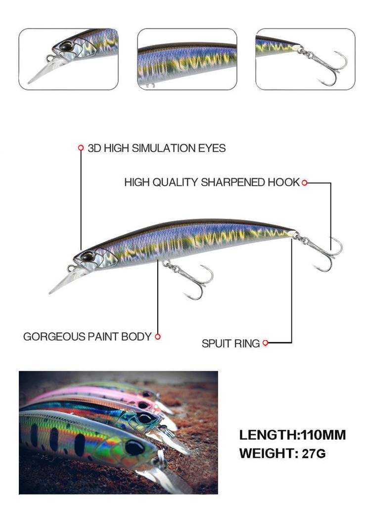 110MM 27G ABS Artificial Hard Bait Long Cast Slow Sinking Wobbler Midwater Jerkbait for Pike-7 Colors Freshwater Saltwater