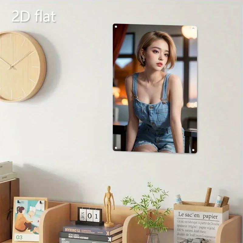 Vintage Metal Wall Sign Art, Rustic Retro Korean Woman Blue Outfit Advertising Plate for Home Decor