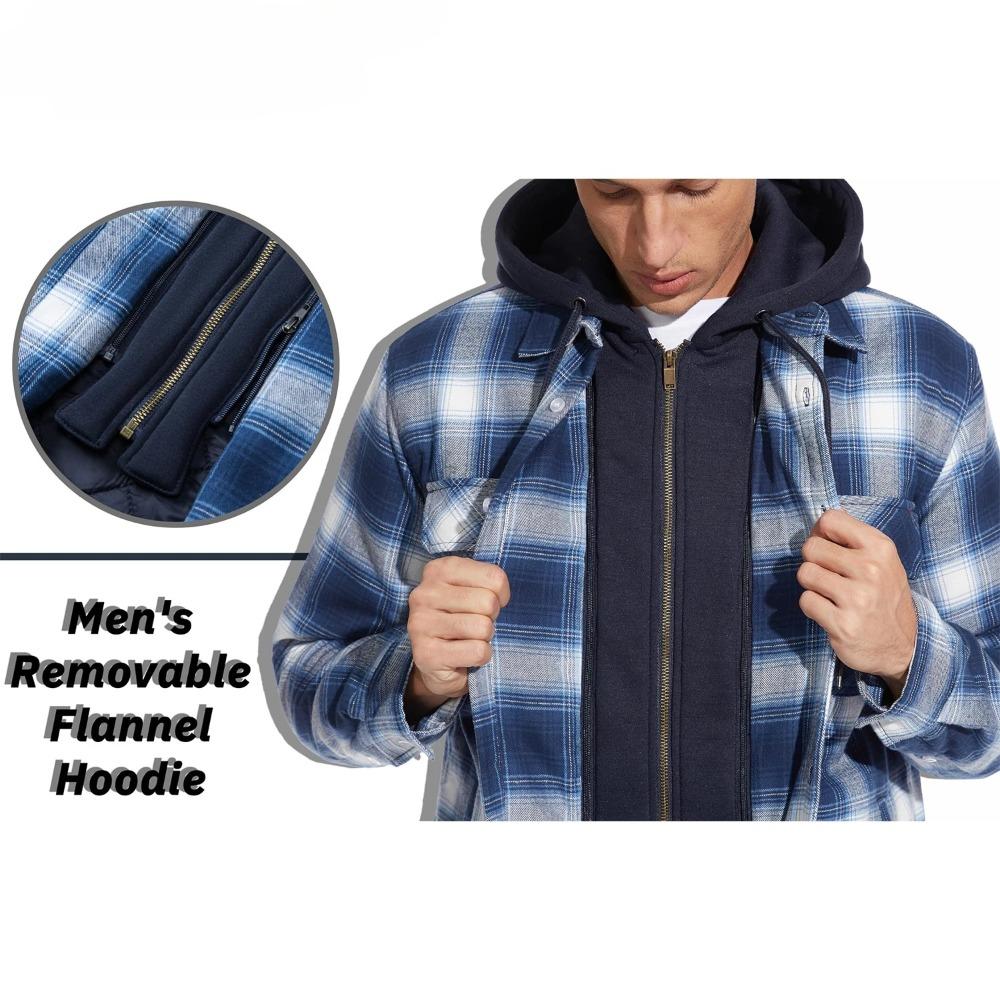 Plaid Flannel Shirt Jacket Men‘s Quilted Lined Coats with Removable Hood Winter Thick Hoodie Outerwear Heavy Shirts