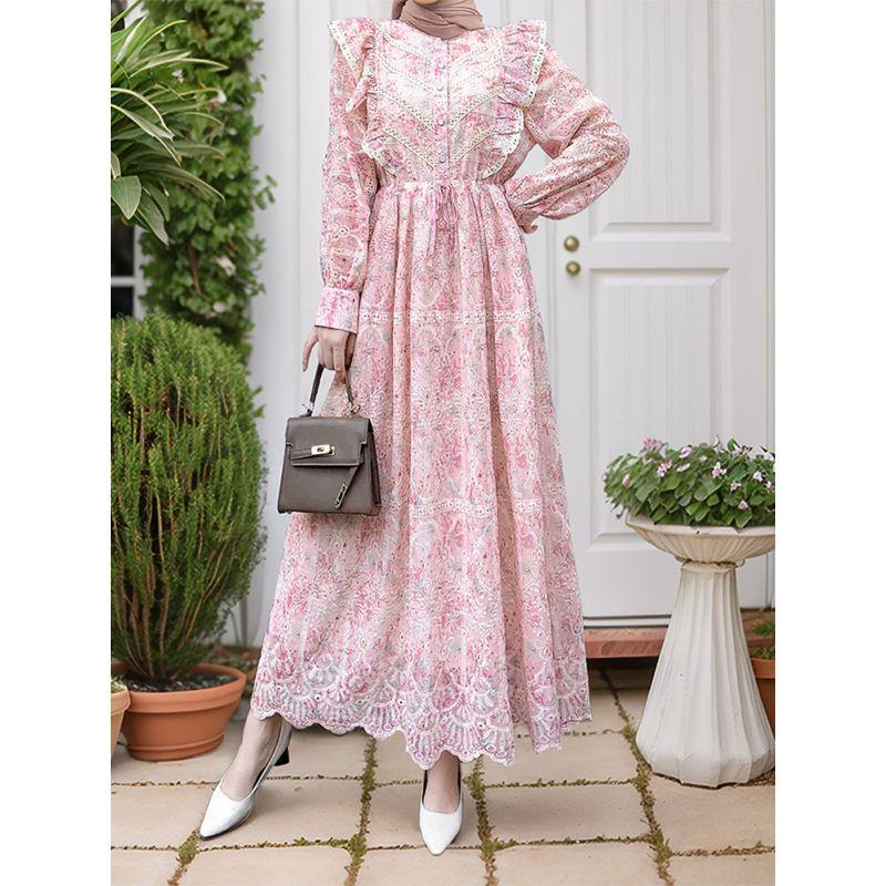 2025 Middle East New Hollow Embroidery Frill Patchwork Lace Floral Foreign Trade Robe Dress Dress