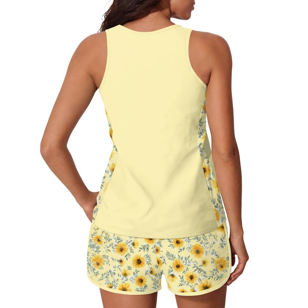 Women’s Sleeveless Tank Top and Shorts Set Sunflower Print Lightweight Relaxed Fit Casual Lounge Outfit for Summer