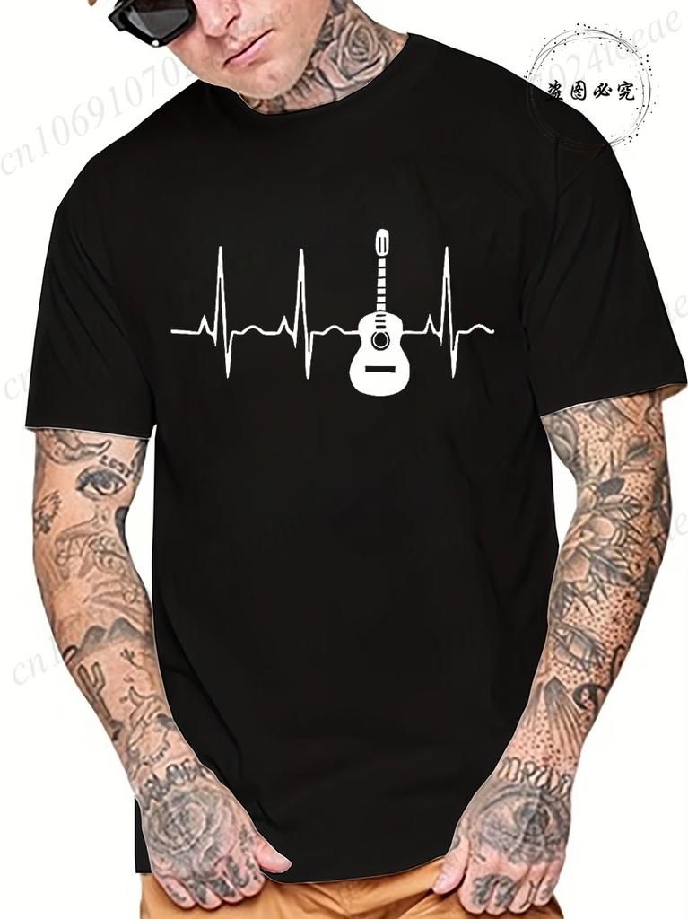 S5XL Guitar Heartbeat Men T Shirt Fashion Mens Clothing  Round Neck Breathable Casual Short Sleeve Fashion Tee TShirt Top