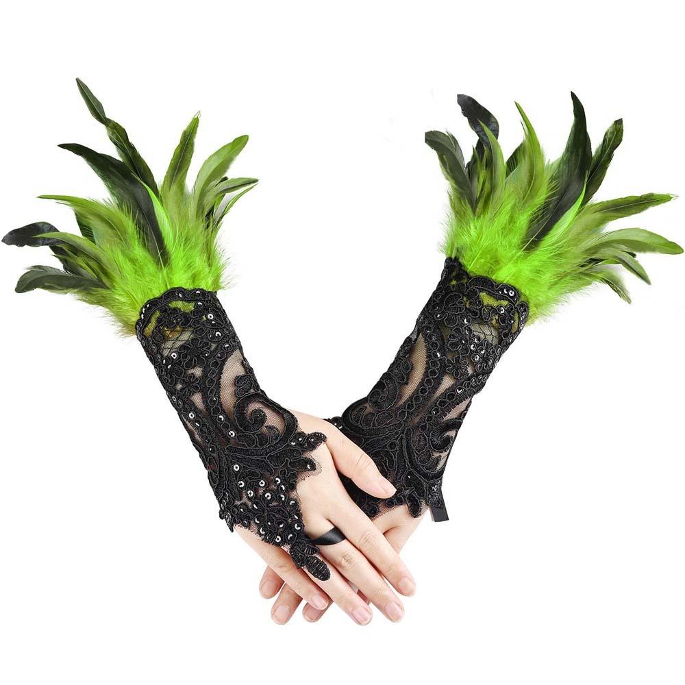 Retro Sequins Feather Lace Gloves Gothic Women Halloween Arm Sleeves Halloween Feather Gloves  Ball