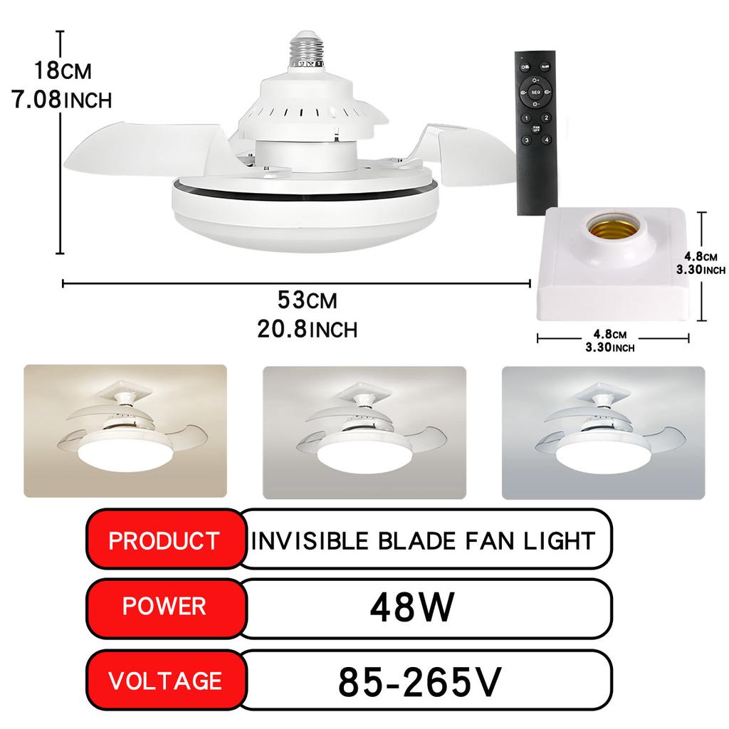 LED 48W ceiling fan light E27 with remote control for dimming, suitable for living room, study, household use, 85-265V