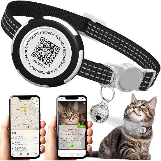 Waterproof Airtag Cat Collar, Lightweight Breakaway Cat Airtag Collar with QR ID Tag & Reflective for Apple Air tag, Hidden GPS Tracker Holder with чёрный