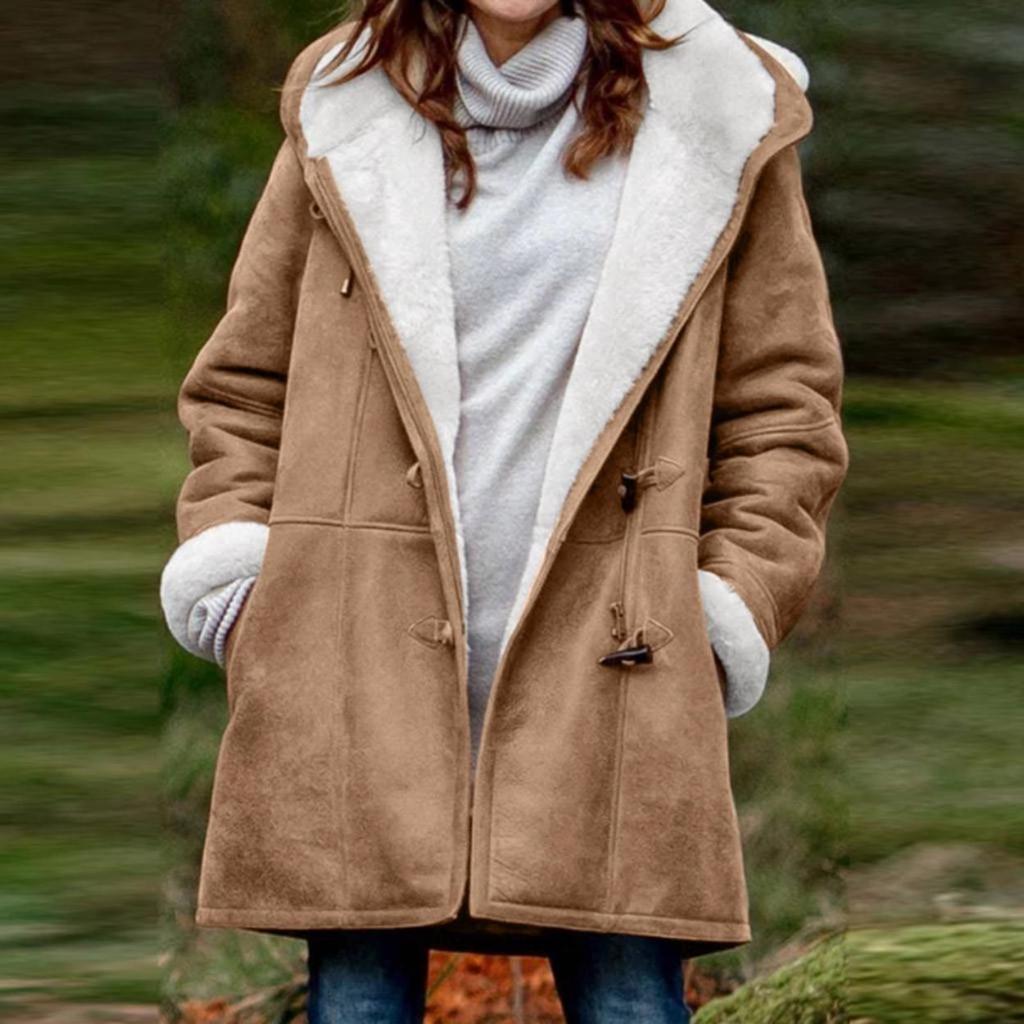 Femmes hiver grande taille solide Plus manteau de velours à manches longues corne boucle poche pardessus