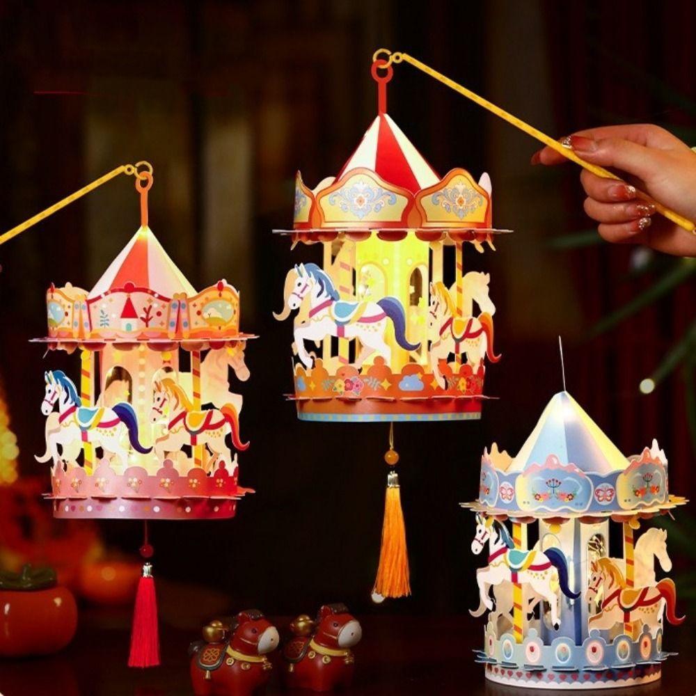 PVC Cartoon Carousel Lantern Handmade Luminous Lanterns Year of the Horse Lantern  New Year