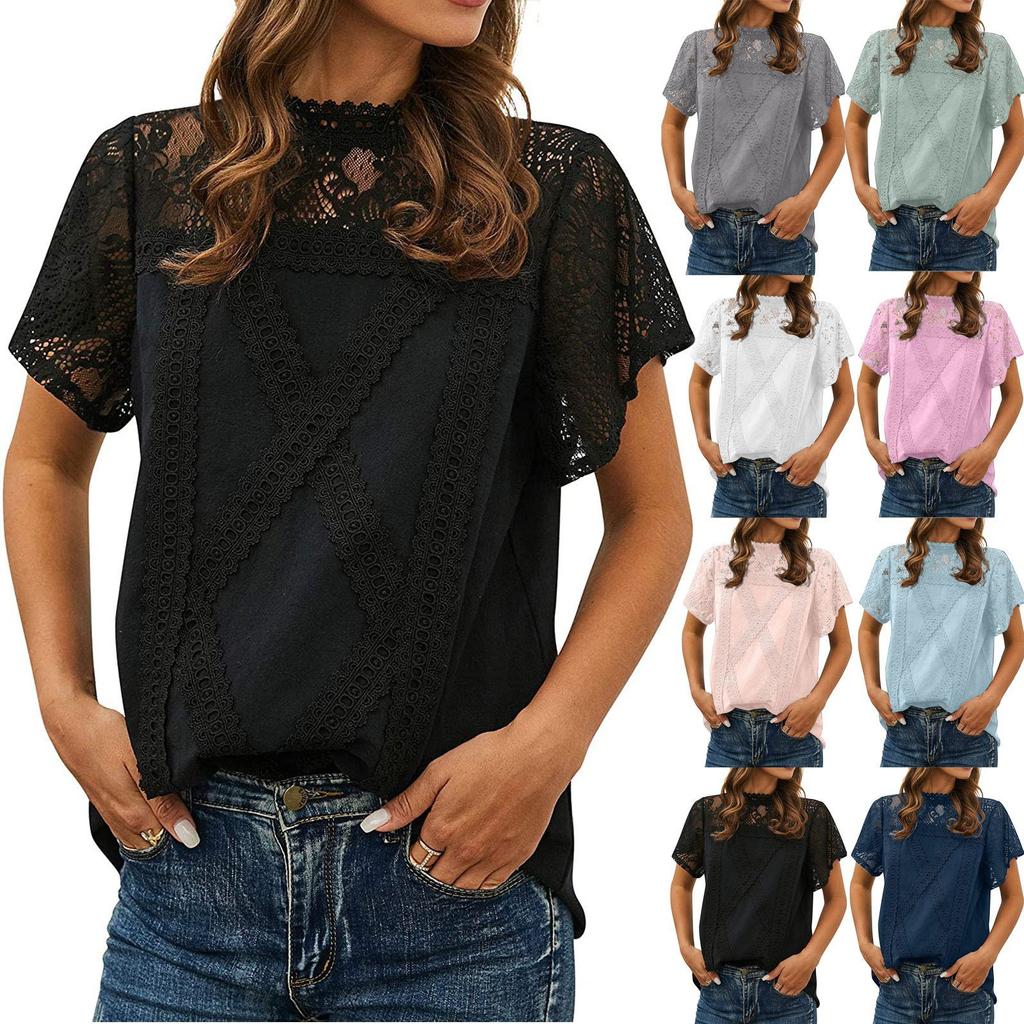 Women's Cute Lace Blouse Top Short Sleeve Lace Hollow Out Turtle Neck T Shirt