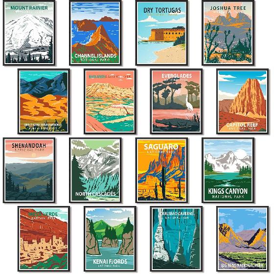 16 Pieces National Park Posters Vintage of 16 Travel Prints Wall Art Abstract Wall Art and Mountain Print Set Abstract Travel Unframed for Living