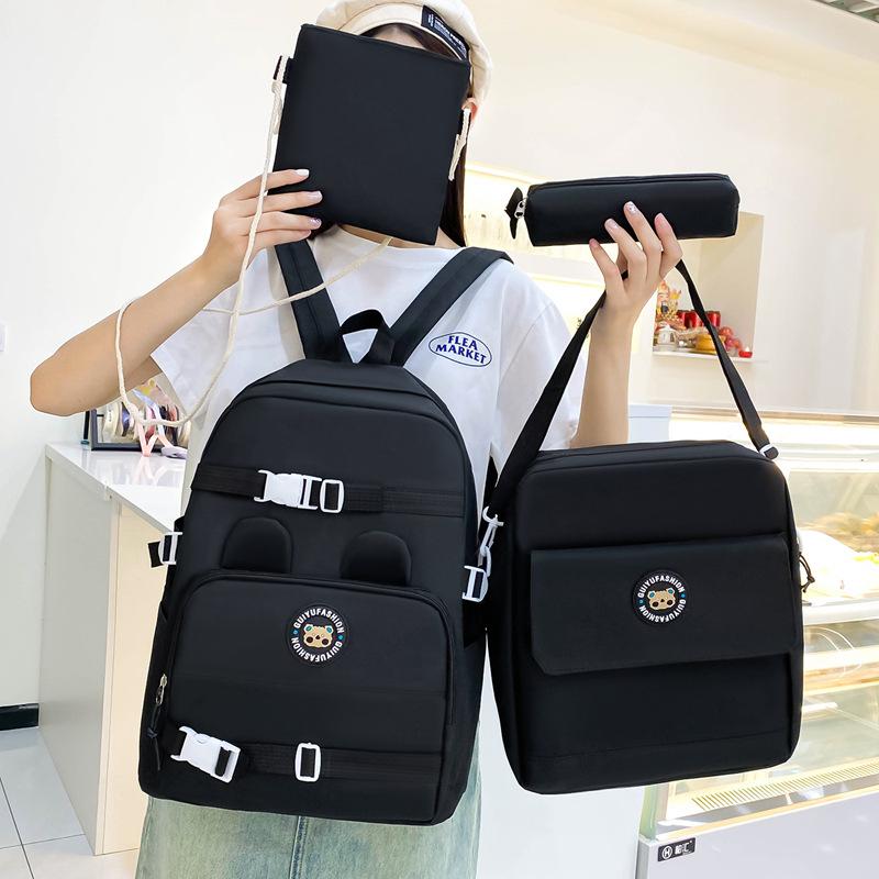 Elementary Solid Color School Bag Girls Large Capacity Canvas Backpack Set College Style Backpack
