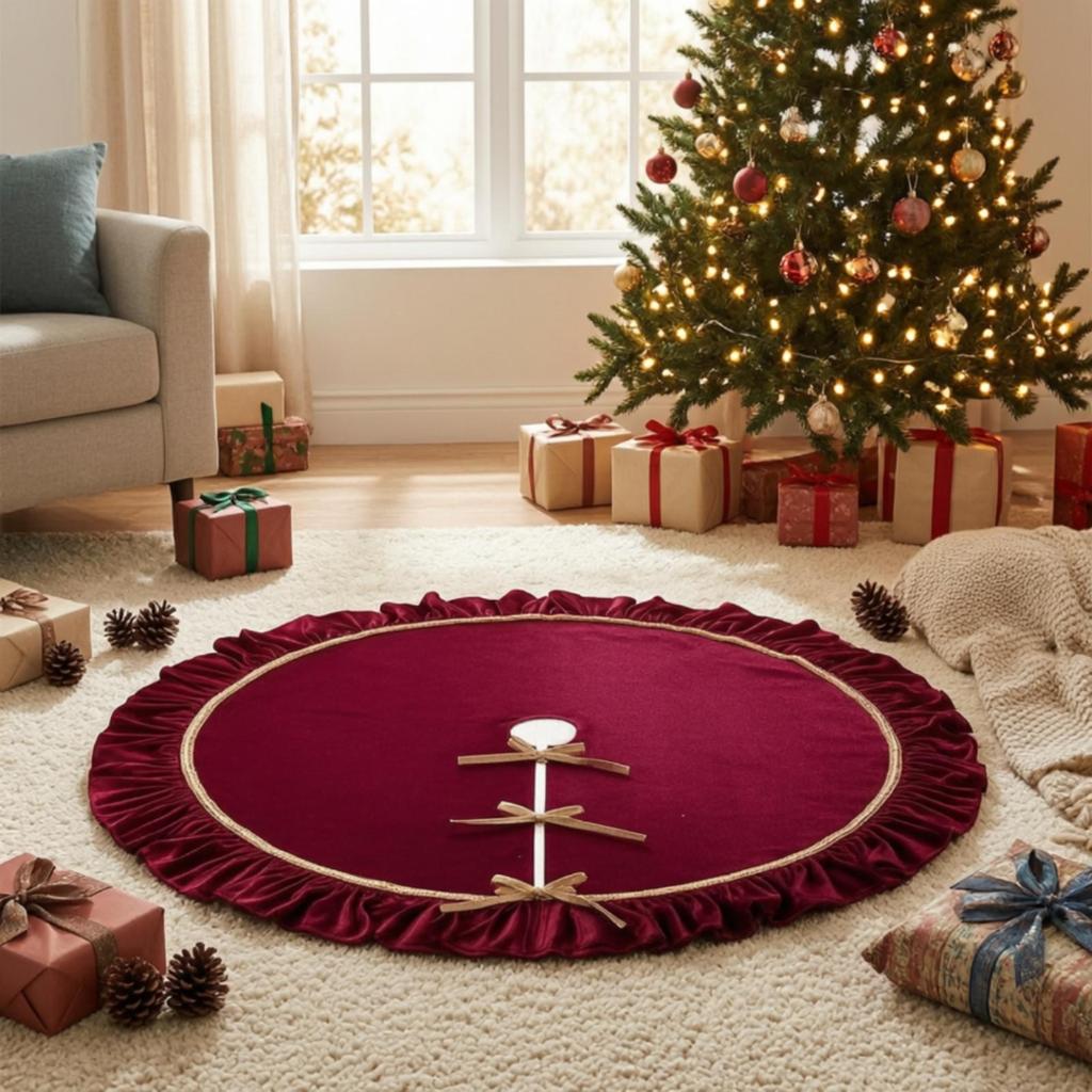 Christmas Tree Skirt with Gold Trim Ruched for Living Room, Hotel Lobby
