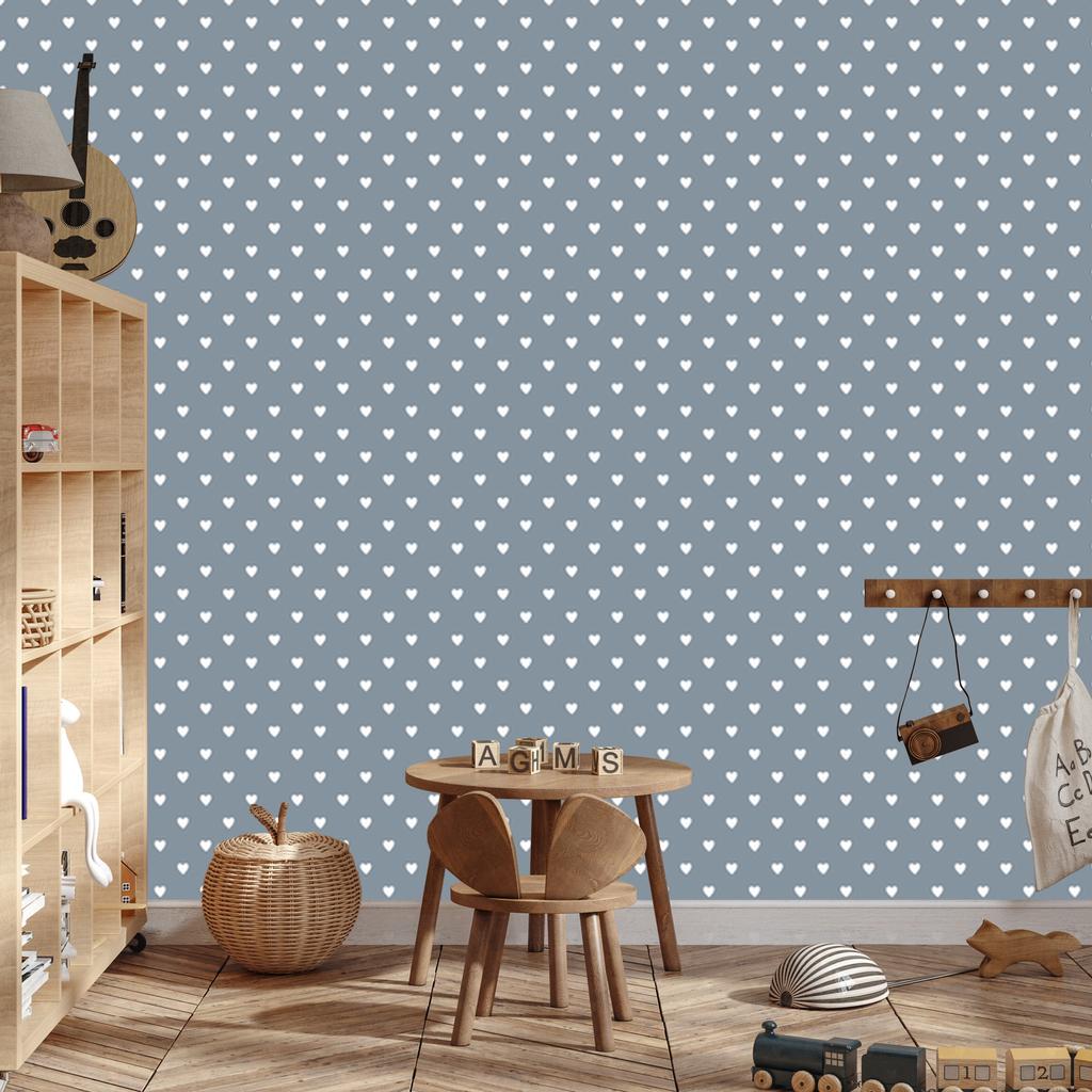 Heart Wallpaper Blue, Light Gray and White 50x1000