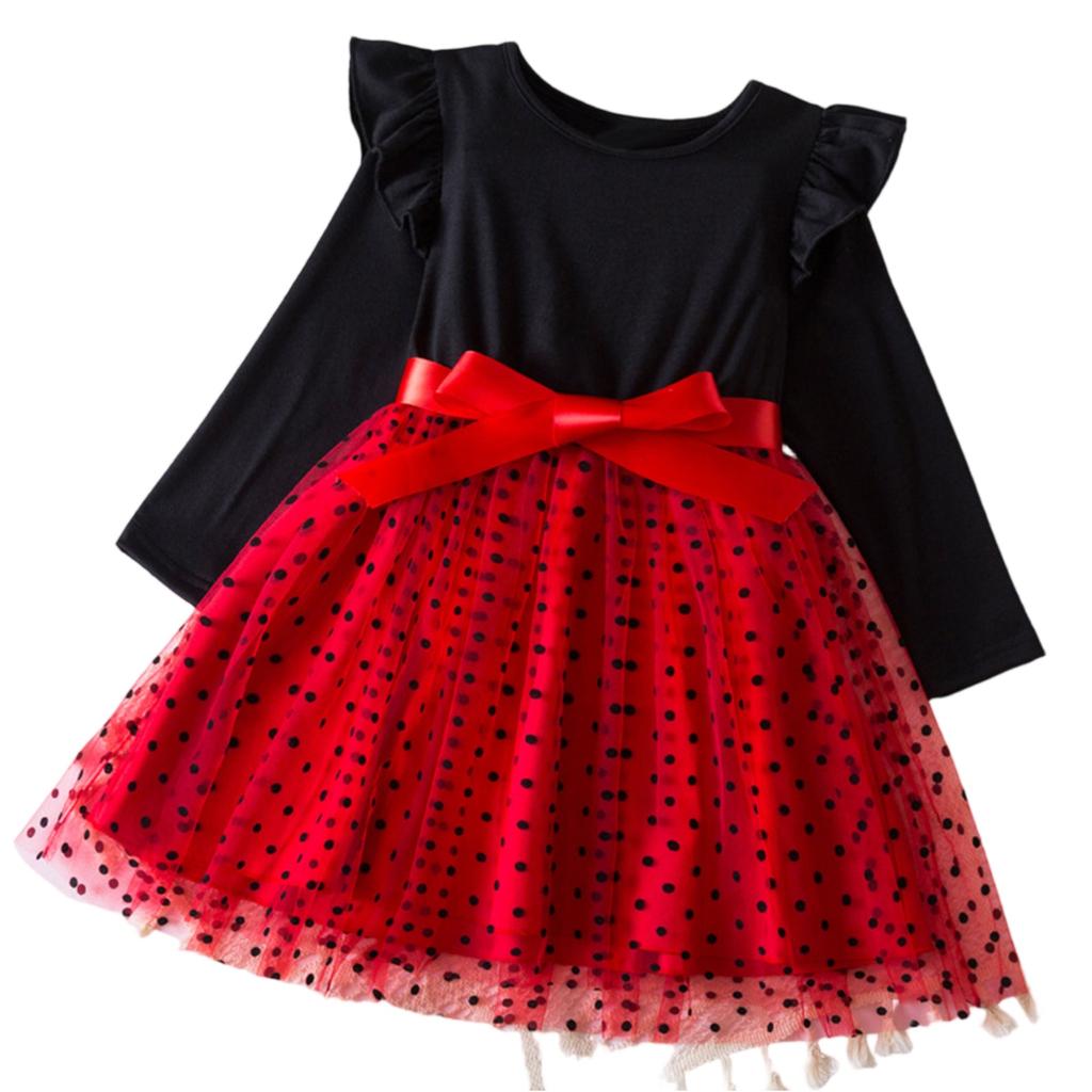 Girls Fashion Cute Long Sleeve Flying Sleeve Dot Mesh Princess Dresses Dresses