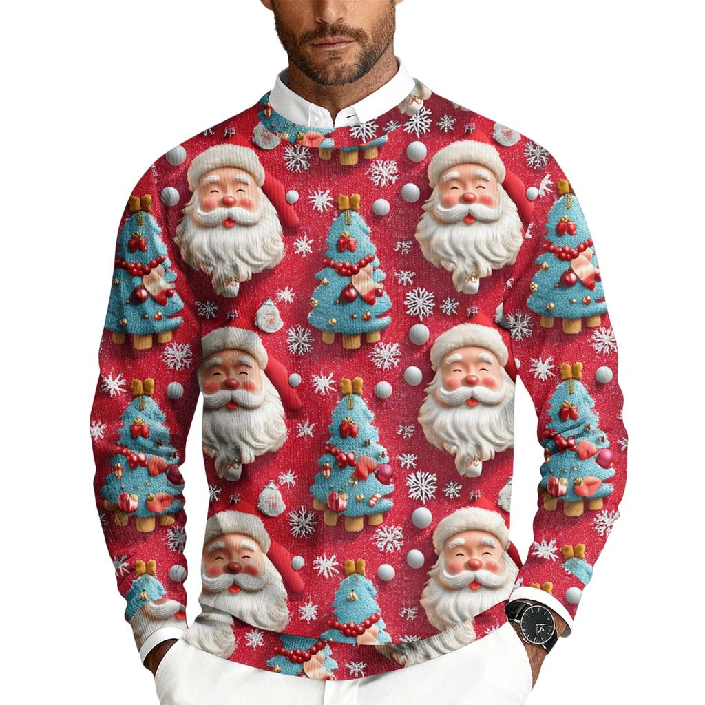 Men's Christmas Printed Crewneck Long Sleeve Ribbed Knit Pullover Sweater | Relaxed Fit Casual Business Knitwear For Holiday Parties & Daily Wear