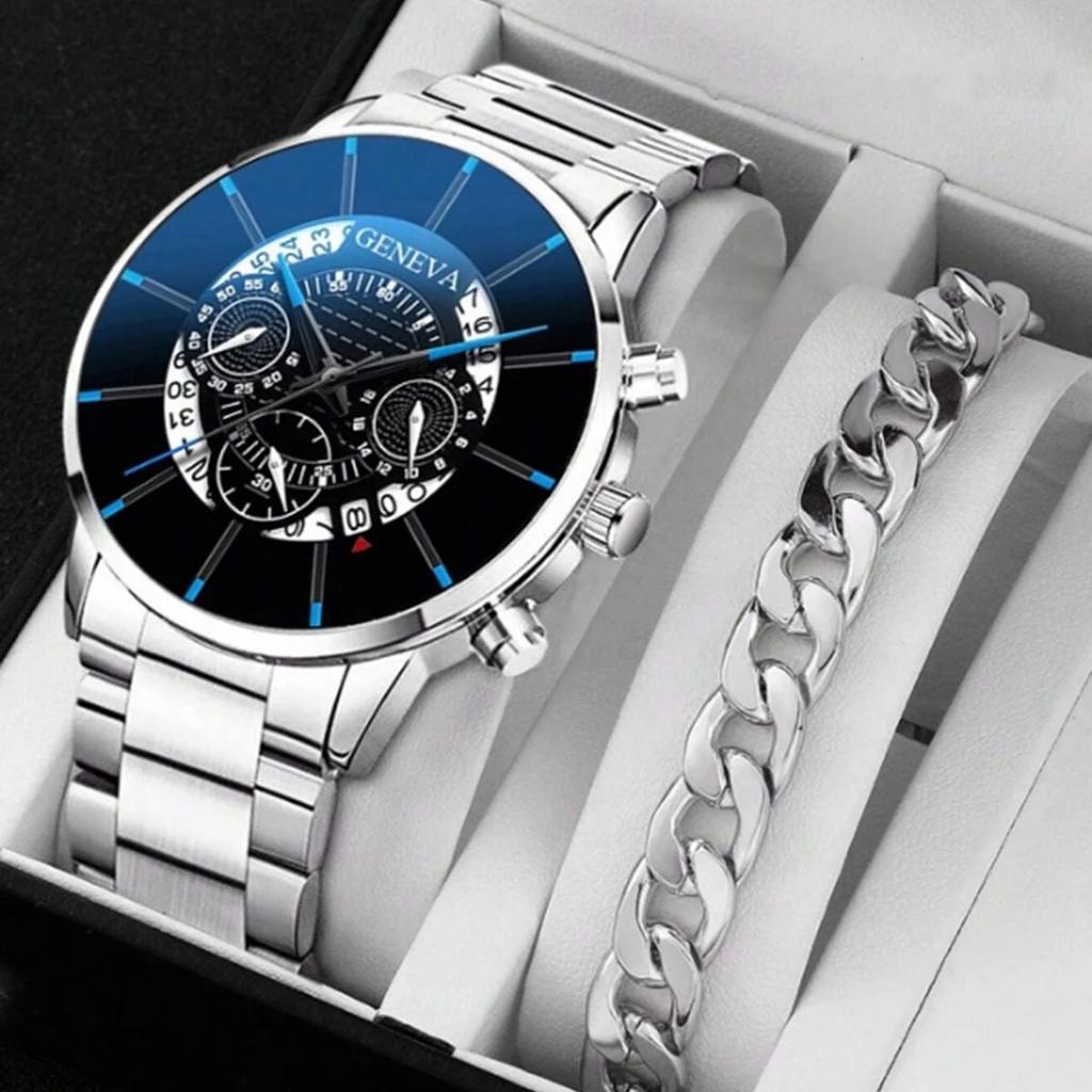 2pcs Luxury Men Business Watch Stainless Steel Calendar Big Dial Watches for Men Fashion Sports Casual Quartz Wristwatch Clock