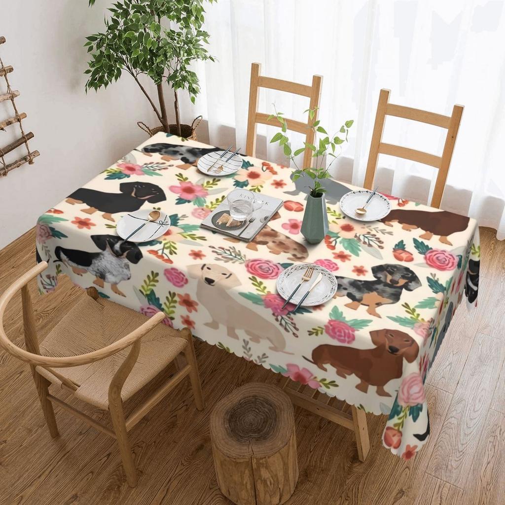 Rectangular Couple Dachshund Dog Pattern With Heart Table Cloth Waterproof Tablecloth Outdoor Table Cover