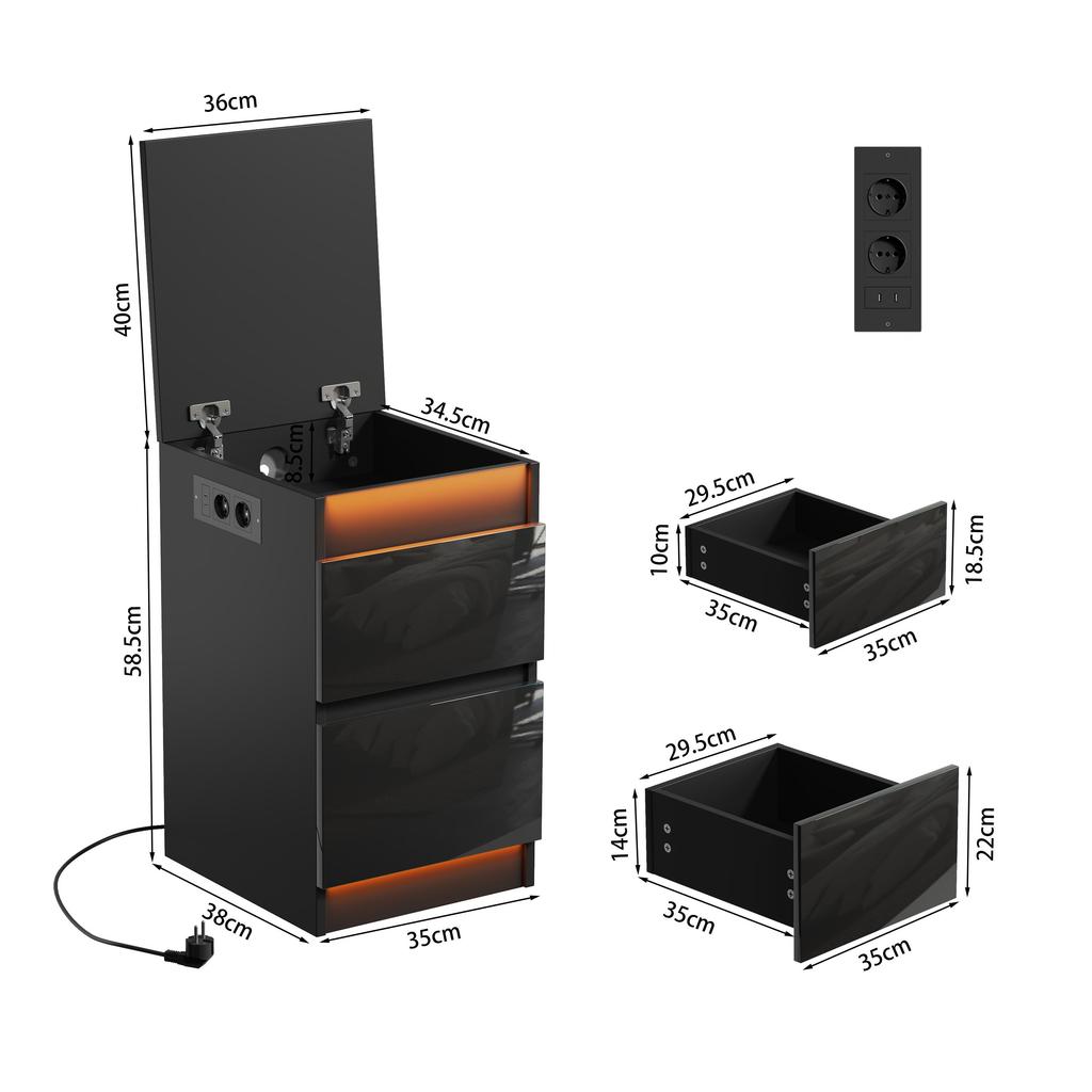 Zwart nachtkastje - nachtkastje met verlichting - dubbele lades - houten bijzettafel - geschikt voor de slaapkamer (35x40x60 cm)