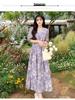 2025 Korean Retro Floral Waist-Slimming Purple Dress with Bubble Sleeves