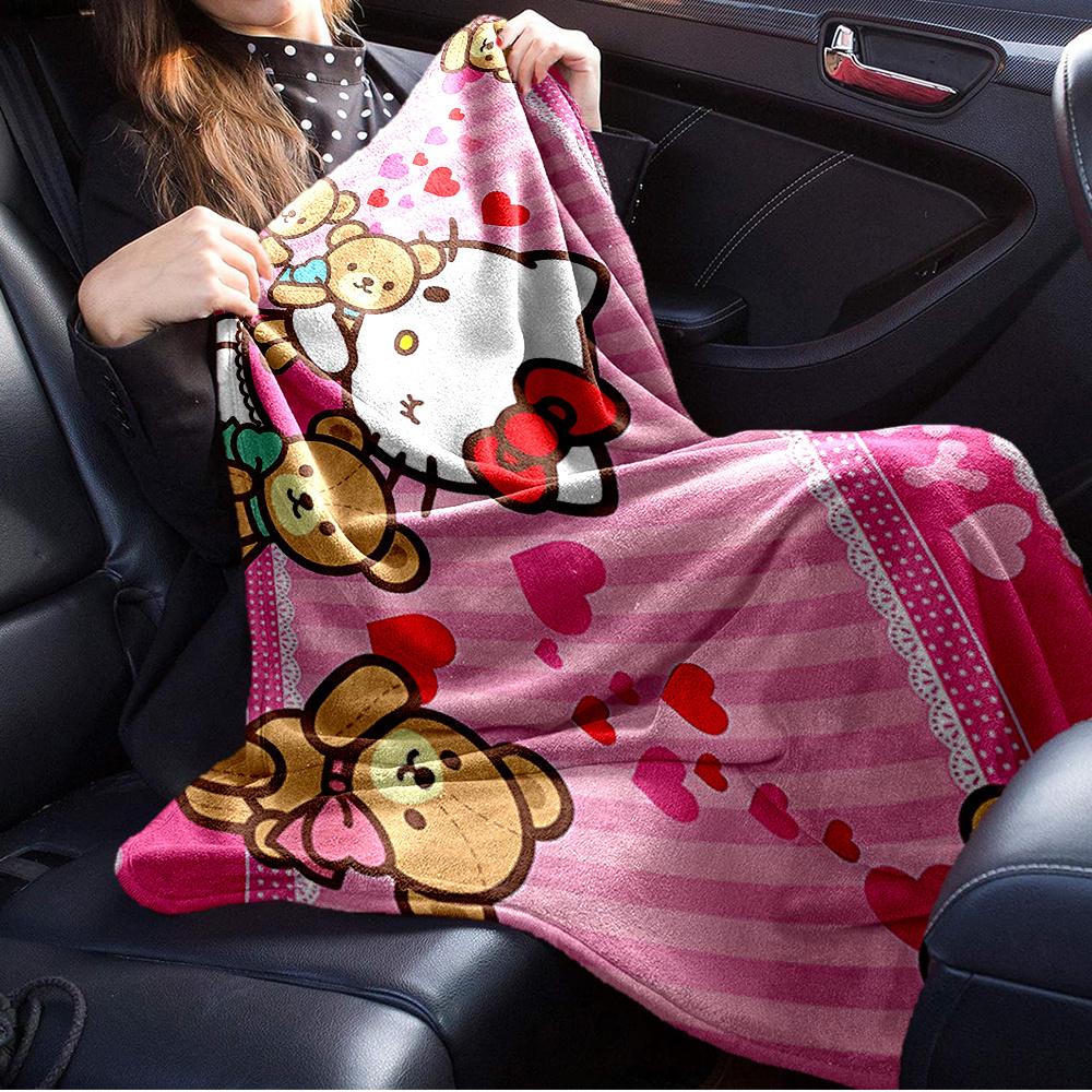 For Kitty, Teddy Bears, HeartsAnime-Themed Flannel Blanket, Glam Style, Digital Print, All-Season Comfort, Tear-Resistant, Knitted Craftsman