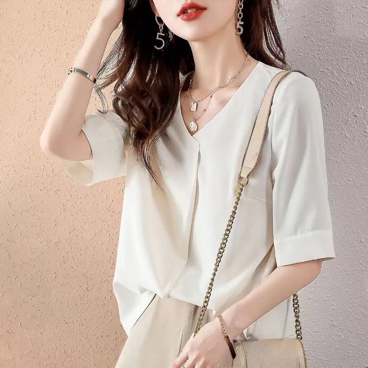 Letní top s výstřihem do V z šifonu pro ženy, volná halenka s krátkým rukávem s elegantním řasením