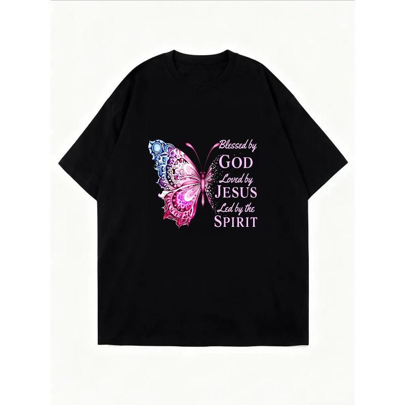 Tricou Alb Cu Fluture Și Text Religios Binecuvântat de Dumnezeu Iubit de Iisus Condus de Duh Pentru Purtare Casual