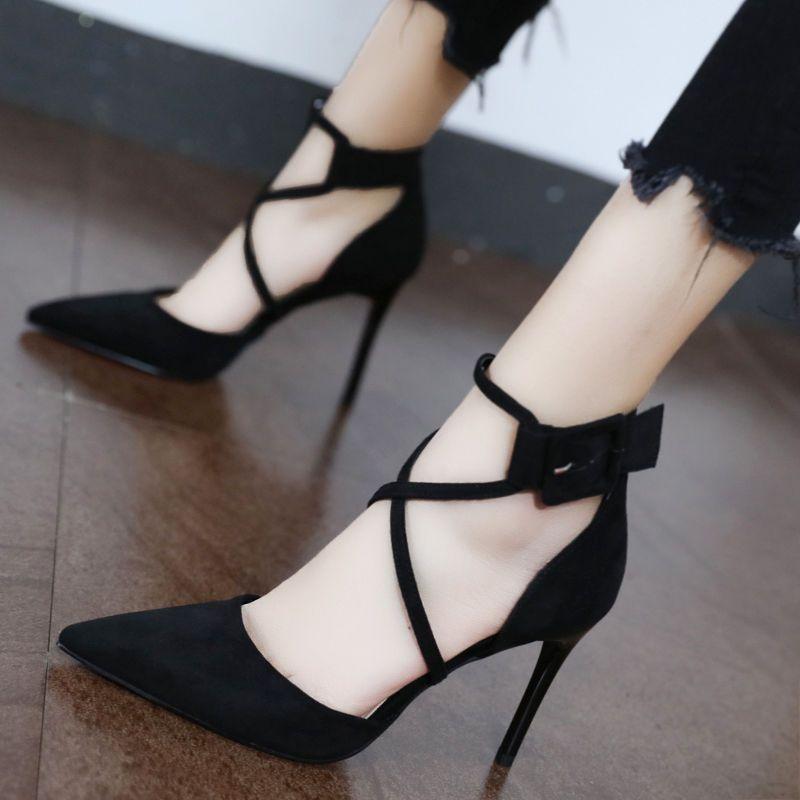 Spring and Autumn women's shoes new 2025 suede cross-strap Korean version high heels stiletto cat heel pointed women's shoes summer single shoes