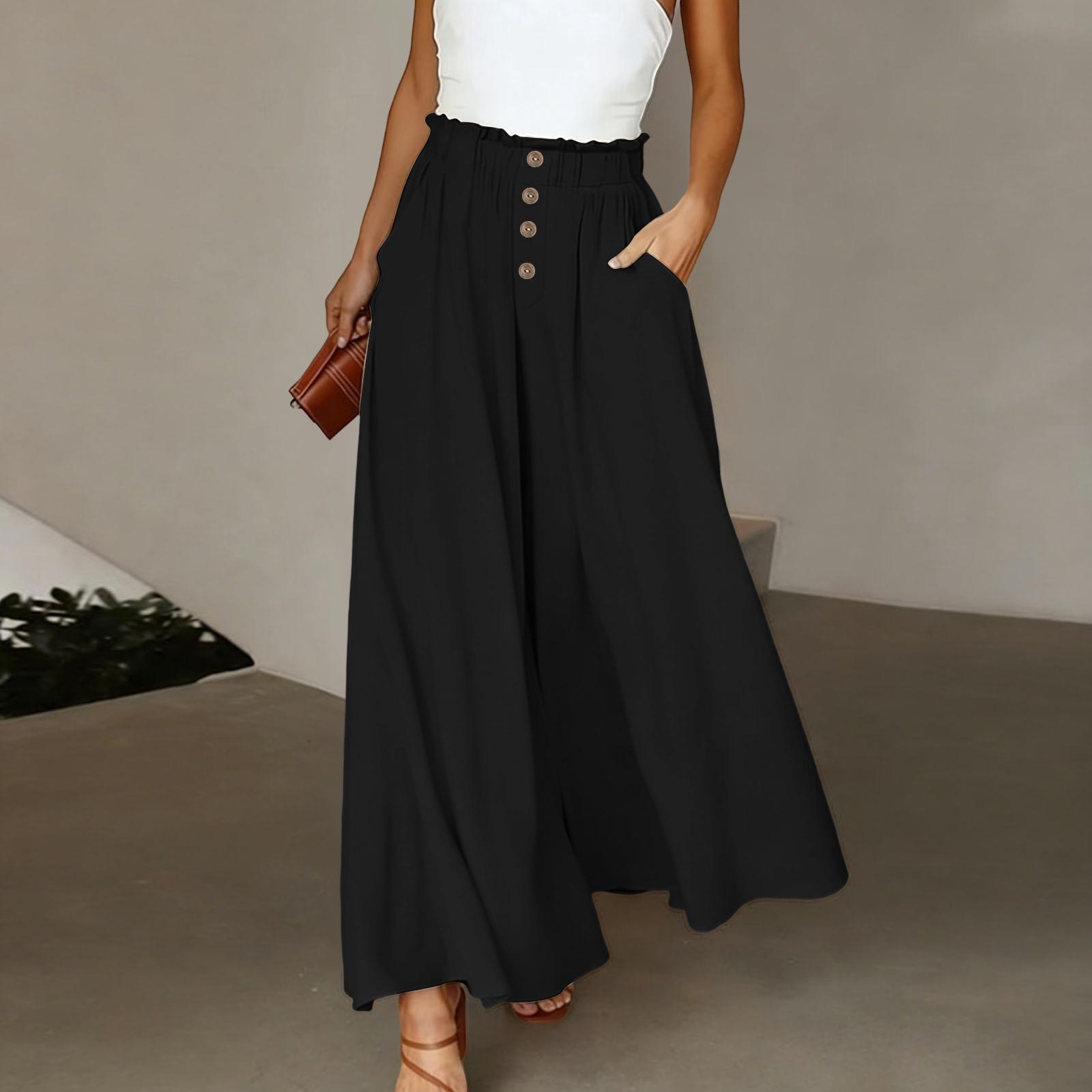 

Women Cotton Linen Wide Leg Pants with Pockets Elastic Waist High Waist Loose Fit Button Design Casual Trousers S чёрный