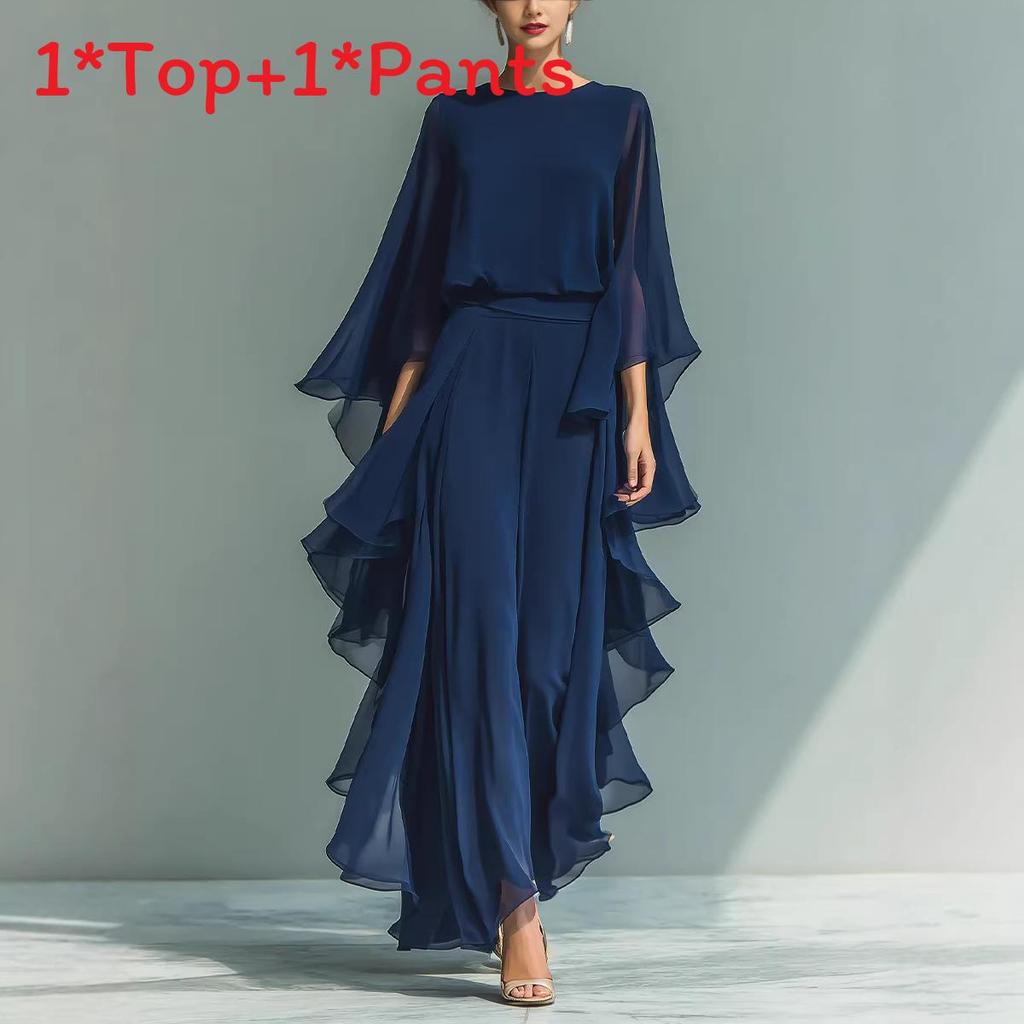Chiffon Blouse And Nine Pants Suit For Women With Asymmetrical Design For Casual Summer Wear