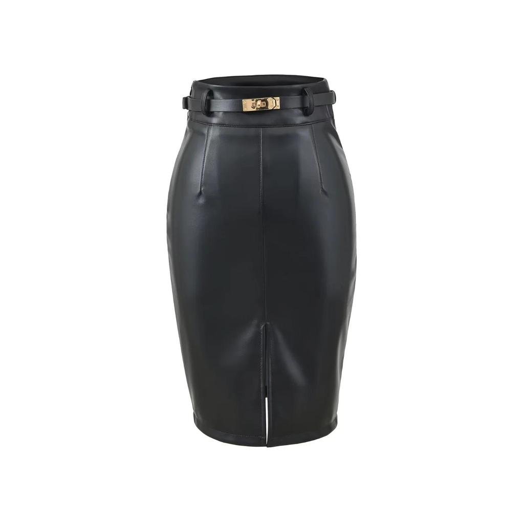 Elegant Korean High-Waisted Front Slit PU Leather Midi Skirt with Belt – Sexy, Bodycon, Hip-Hugging for Autumn & Winter