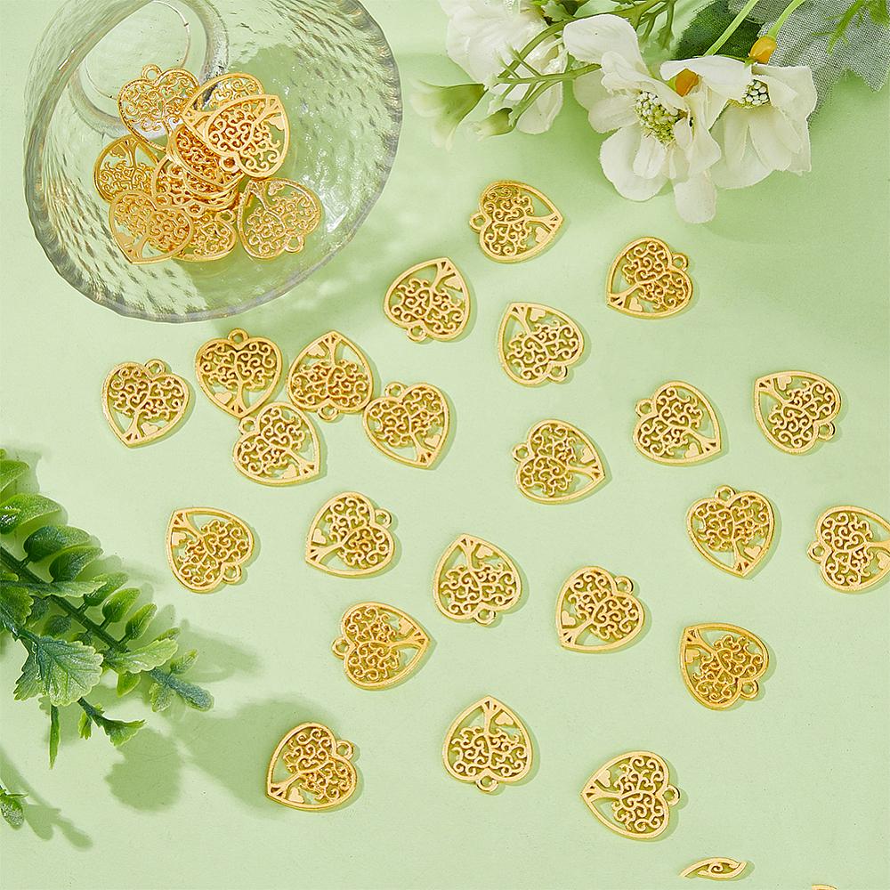 80Pcs Alloy Pendants Heart with Tree of Life Charms Golden 19x17x1mm