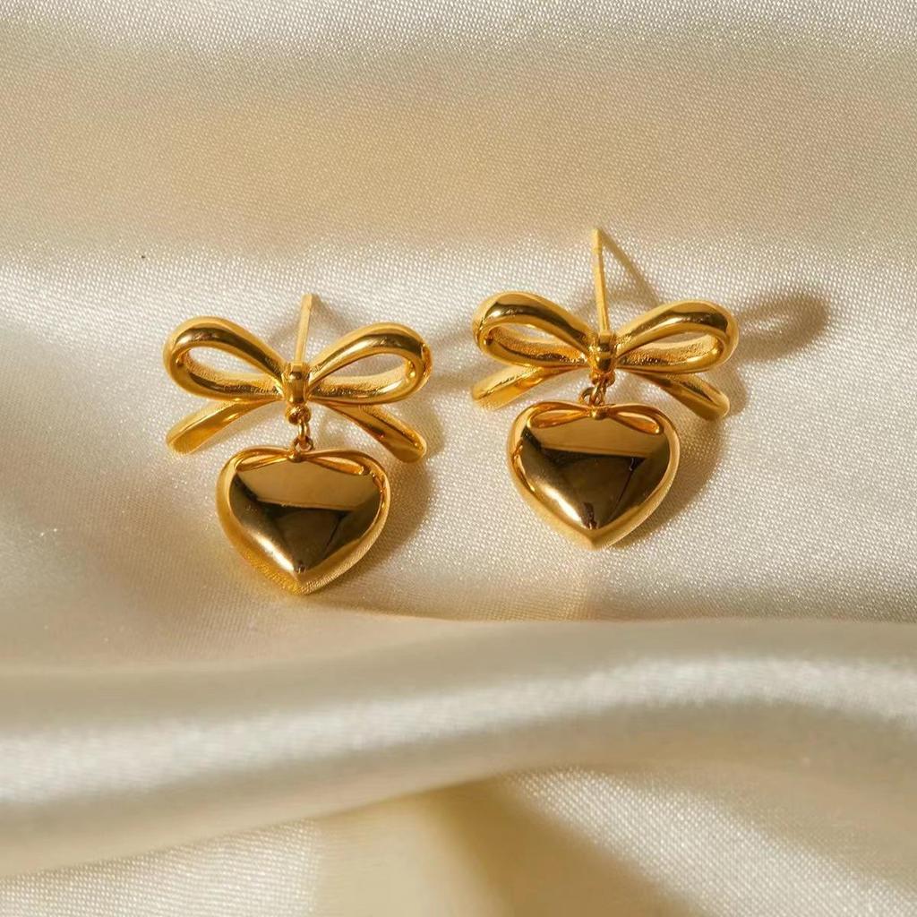 Heart Pendant Bow Stud Earrings for Women - High-end Feel Accessory