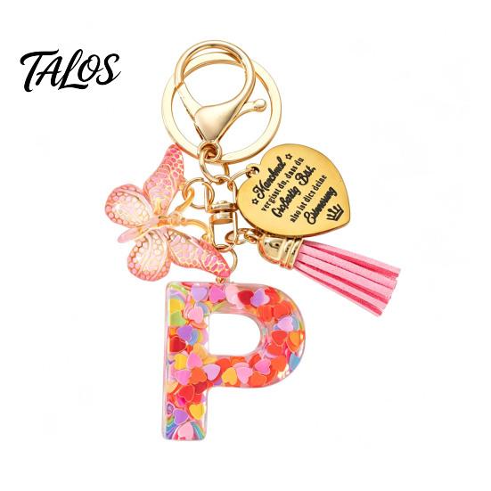 Talos Keychain Pendant, Sequins Initial Letter Charm Key Chain with Butterfly Tassel Stainless Steel Heart Design, A-Z Holder for Bag Purse Backpack