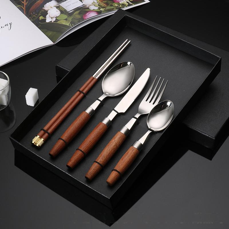 Edelstahl Steakmesser, Gabel, Löffel, Essstäbchen, Guter Holzgriff, Geschirr-Geschenk, Küchengeschirr, Komplette Sets