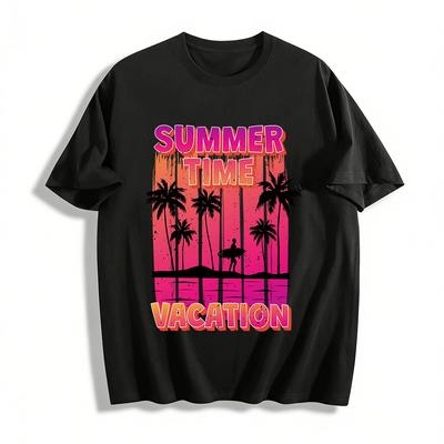 Summer Time Vacation Surfing Coconut Tree Print Short Sleeve Tee Pure Cotton T-shirt