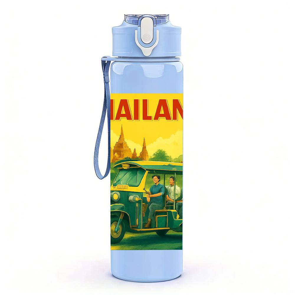 1PC Thailand Retro Travel Poster 750ml Color Plastic Sports Water Bottle Leakproof Flip Straw Lid Suitable for Sports Office Home Use