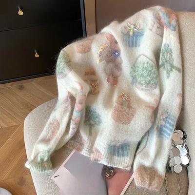 Printed Mohair Sweater Women's Autumn and Winter New Sweet Top