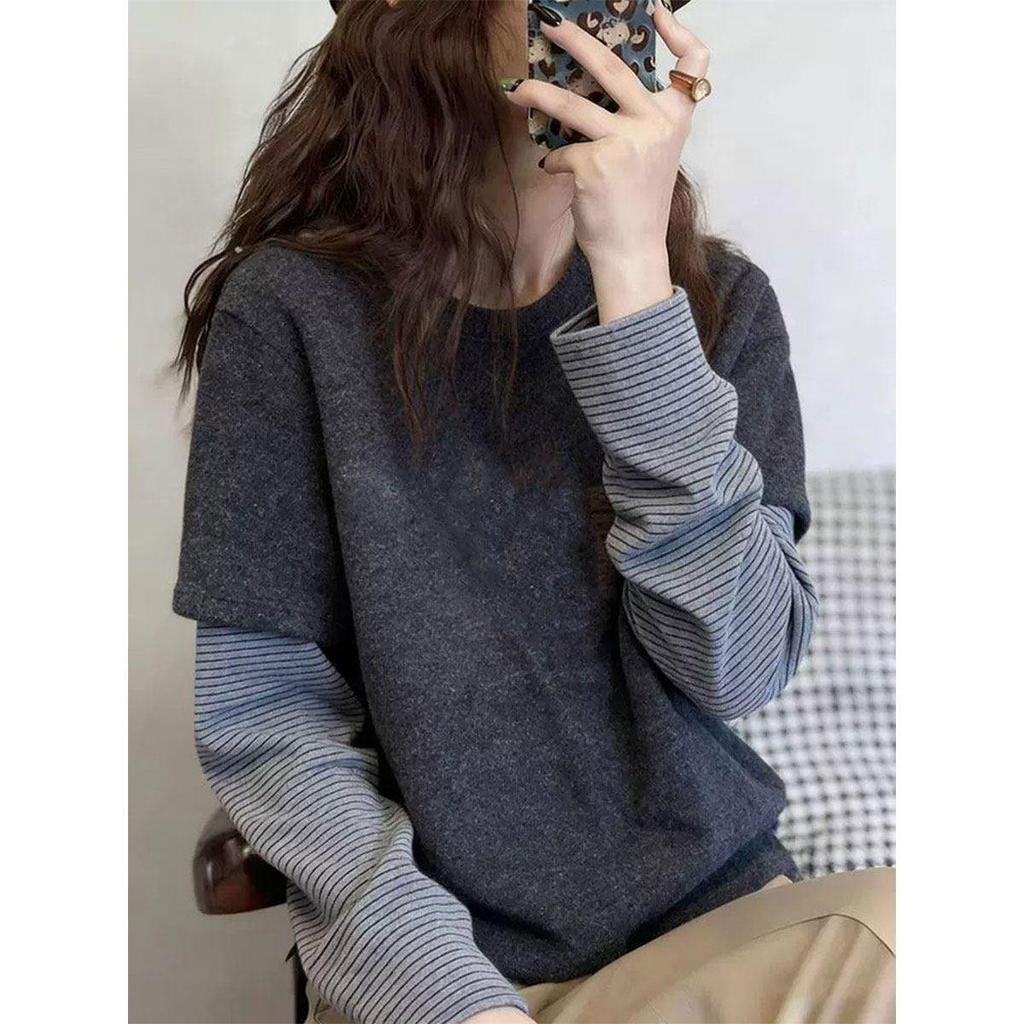 Korean Style Striped Patchwork Long Sleeve Women's Thermal T-Shirt - Versatile Fake Two-Piece Fleece Layer for Autumn/Winter