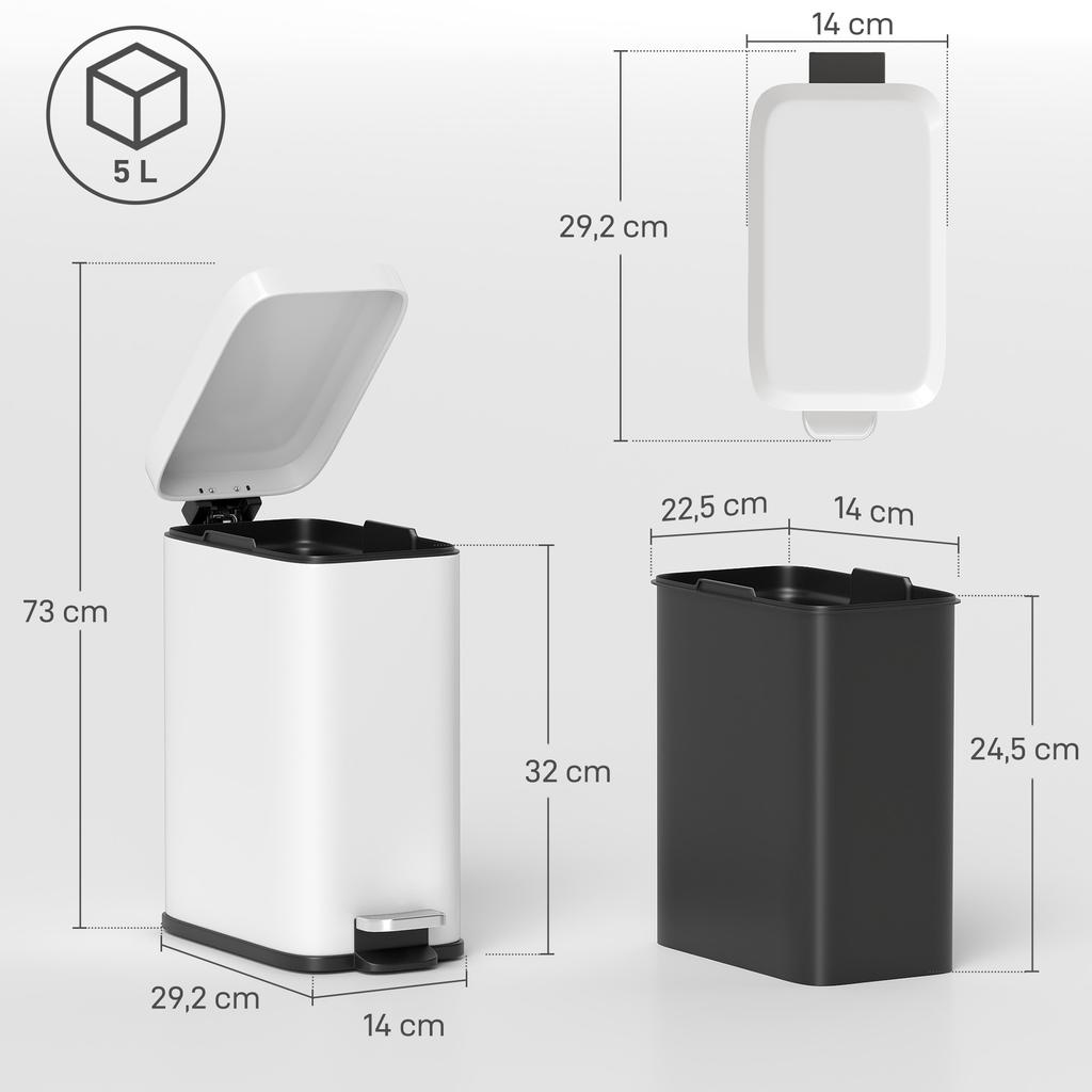 5L Rectangular Compact Bin Steel Body Removable Bucket Quiet-Close Lid W/ Pedal Lid Rubbish Trash Can Home Office Bedroom Bathroom Living Room