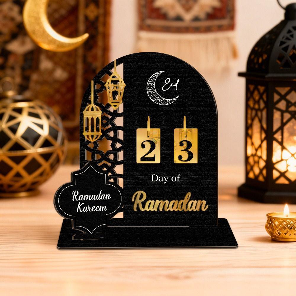 Schwarz-Gold Ramadan Countdown-Kalender mit Holzsockel Acryl Eid Mubarak Ornament DIY Ersatz Schreibtischornament