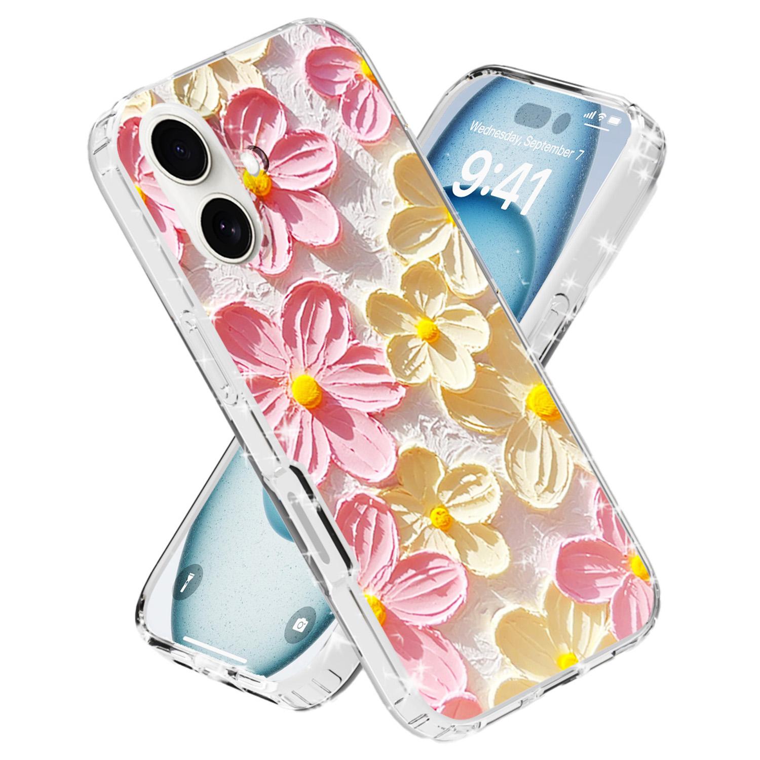 

For iPhone 16 Phone Case IMD Pattern Print PC TPU Mobile Cover Pink White Flower