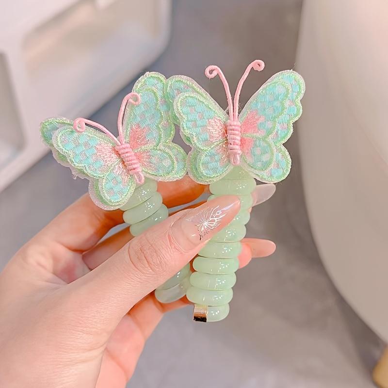 2pcs Cute Butterfly Phone Cord Hair Ties for Kids, High Elasticity Resin Hair Bands, All-Season Casual Wear, Knit Fabric Weaving Method