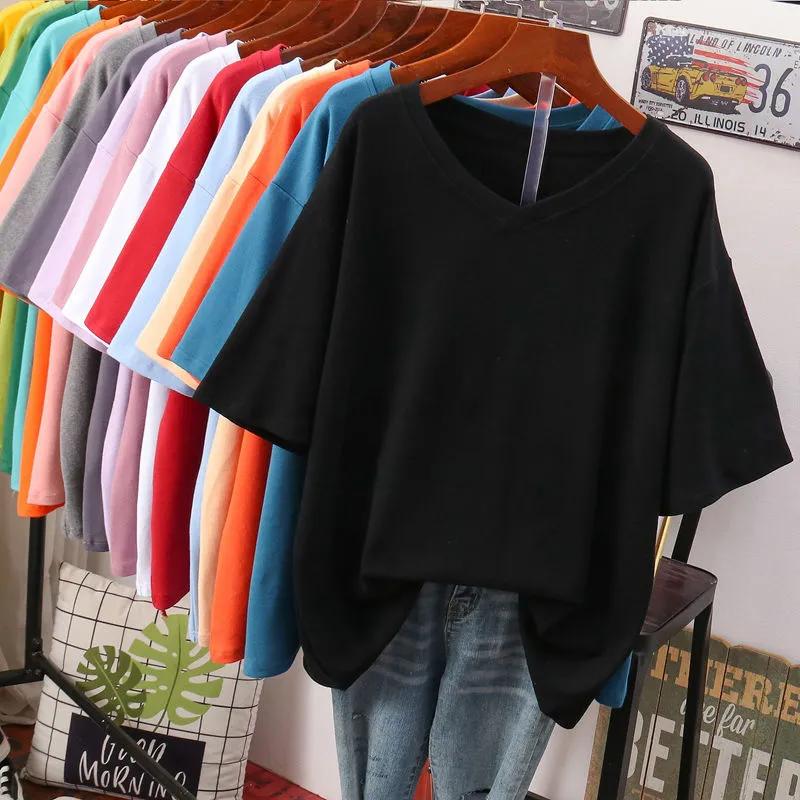 T-shirt da donna a tinta unita con scollo a V, manica corta larga