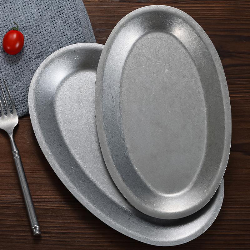 Retro Stainless Steel Oval Plate BBQ Hot Pot Dish Snack Dessert Steamed Fish Plate Restaurant Thickened Kitchen Tableware Plate