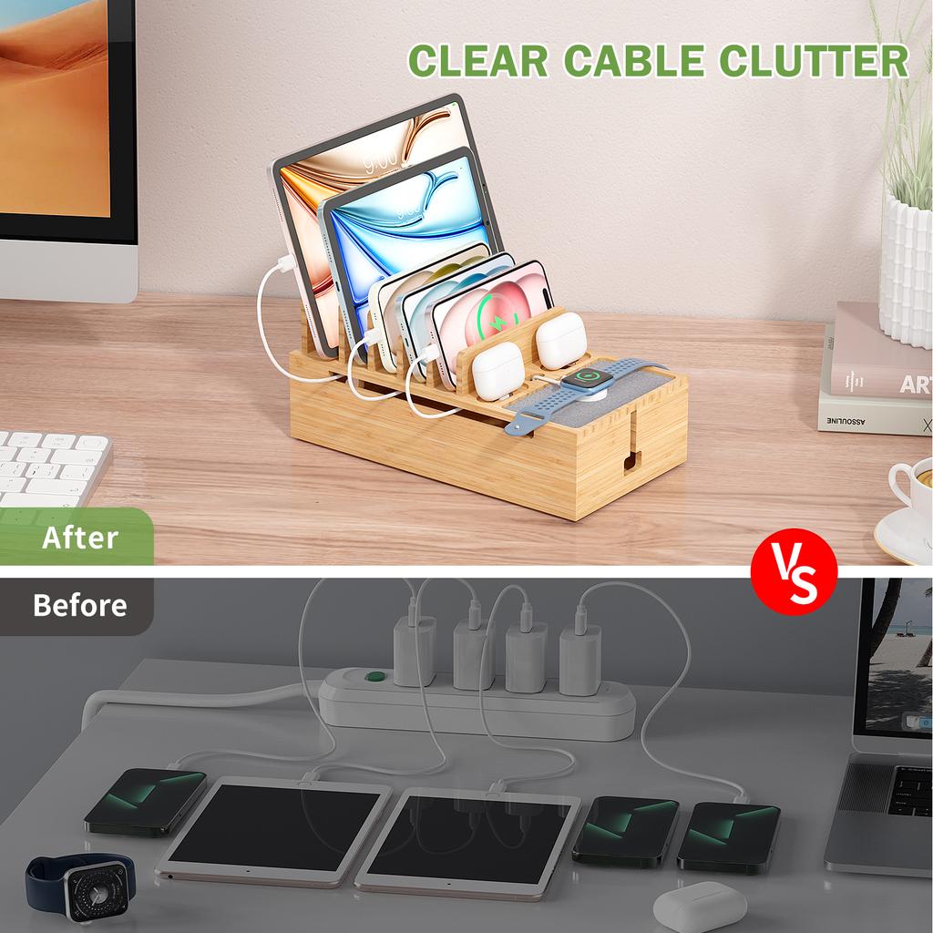 Bamboo Charging Station for Multiple Devices Charger Dock Holder Stand for Cell Phone and Tablet Electronic Devices Organizer 6