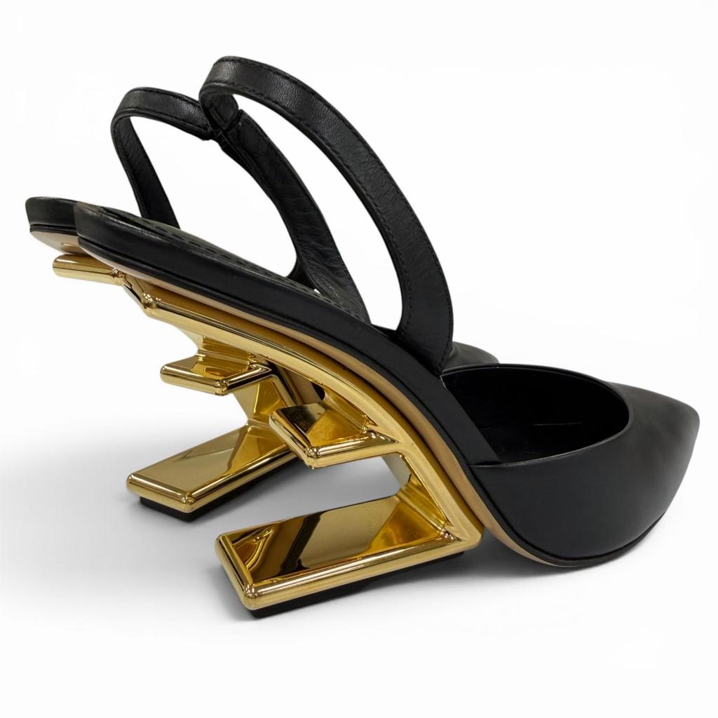 Great FENDI Pumps FIRST F-design Heel Slingback Leather Shoes Black Women 36 Used