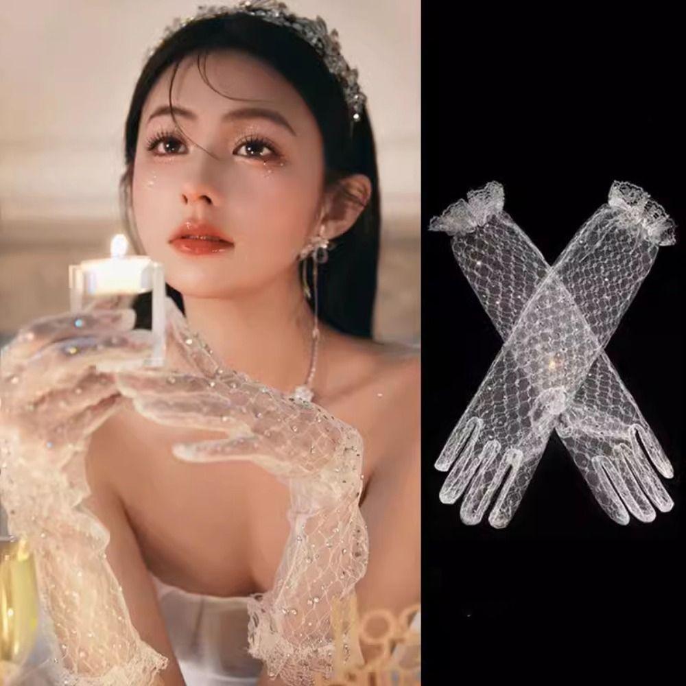 White Wedding Bridal Gloves Lace Long Finger Mittens Retro Satin Long Gloves  Women