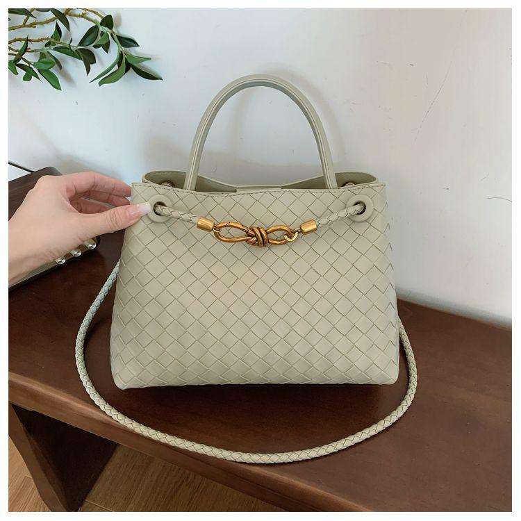 

Woven Leather Tote Handbag - Off-White Purpleton, Large Capacity